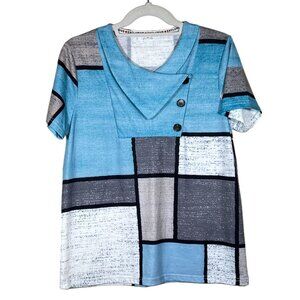 Exclusive ❤ - Women's Size M - Blue, Grey & White Square Design - Short Sleeve
